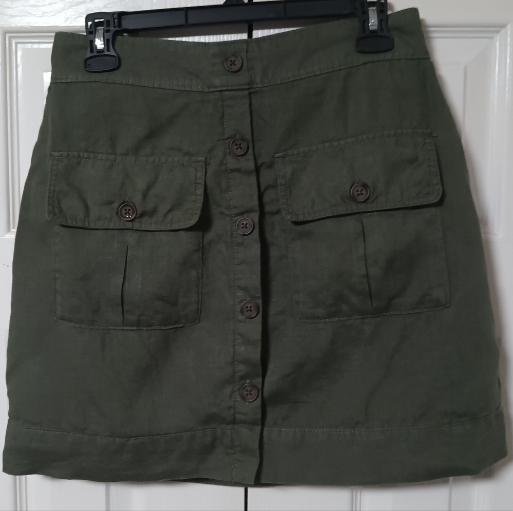 Nicole Miller Olive Green Button-Front Linen Mini Skirt Skort